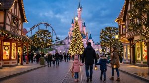 Gezin geniet van kerstverlichting en de feestelijke sfeer in Disneyland Paris