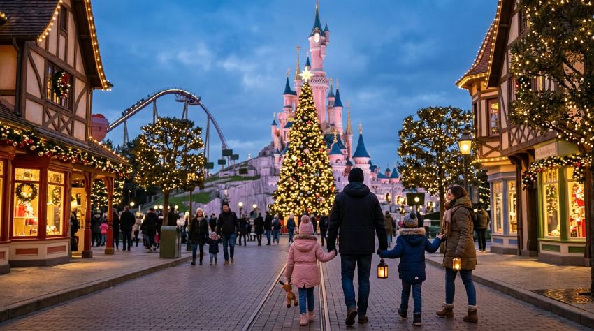 Gezin geniet van kerstverlichting en de feestelijke sfeer in Disneyland Paris