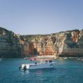 White Boats in the Water in Front of a Coast